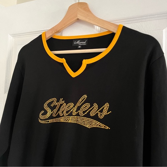 Steelers Long Sleeve Black Gold Bedazzled Cotton Spandex Blend NFL Game Day M - Picture 4 of 11